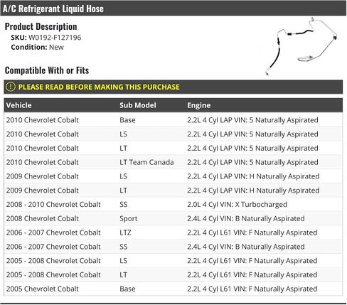 A/C Refrigerant Liquid Hose - Compatible with 2005-2010 Chevy Cobalt in Saudi Arabia