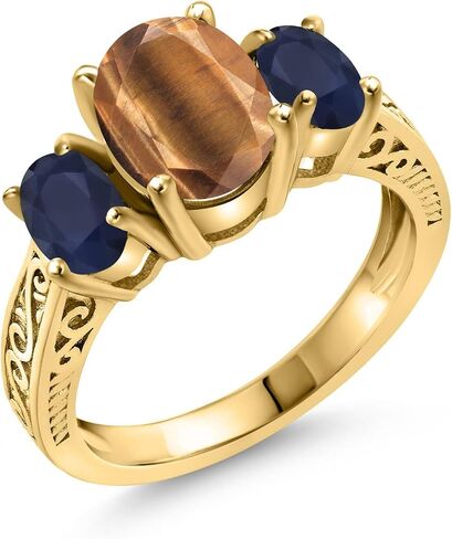 GEM Stone King 18K الذهب الأصفر المطلي بالفضة البيضاوية النمر البني العين وخاتم الياقوت الأزرق للنساء (2.61 CTTW ، الأحجار الكريمة الحجر ، متوفر في الحجم 5 ، 6 ، 7 ، 8 ، 9) in Saudi Arabia