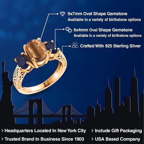 GEM Stone King 18K الذهب الأصفر المطلي بالفضة البيضاوية النمر البني العين وخاتم الياقوت الأزرق للنساء (2.61 CTTW ، الأحجار الكريمة الحجر ، متوفر في الحجم 5 ، 6 ، 7 ، 8 ، 9) in Saudi Arabia