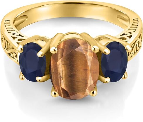 GEM Stone King 18K الذهب الأصفر المطلي بالفضة البيضاوية النمر البني العين وخاتم الياقوت الأزرق للنساء (2.61 CTTW ، الأحجار الكريمة الحجر ، متوفر في الحجم 5 ، 6 ، 7 ، 8 ، 9) in Saudi Arabia