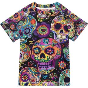 Boys Rash Guard Swim Shirts Skulls Skeleton Sugar Mexico Short Sleeve UPF 50+ Sun Protection Swimsuit in Saudi Arabia