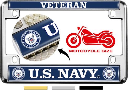 [Officially Licensed Product] - Motorcycle Domed Custom-Made Personalized Metal License Plate Frame Frame with Veteran US Navy Design - Chrome in Saudi Arabia