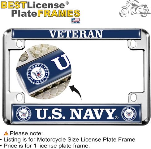 [Officially Licensed Product] - Motorcycle Domed Custom-Made Personalized Metal License Plate Frame Frame with Veteran US Navy Design - Chrome in Saudi Arabia