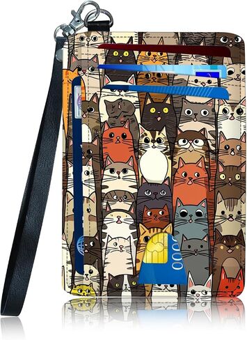 Leather Small Slim Wallet Card Case Hold 12 Cards with Wrist Strap & ID Window, Cute Cats Credit Card Holder Wallet Front Pocket, Minimalist Rfid Blocking Wallet for Man Women in Saudi Arabia