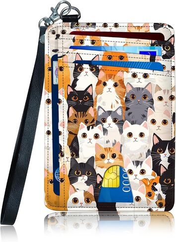 Leather Small Slim Wallet Card Case Hold 12 Cards with Wrist Strap & ID Window, Cute Cats Credit Card Holder Wallet Front Pocket, Minimalist Rfid Blocking Wallet for Man Women in Saudi Arabia