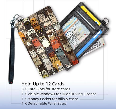 Leather Small Slim Wallet Card Case Hold 12 Cards with Wrist Strap & ID Window, Cute Cats Credit Card Holder Wallet Front Pocket, Minimalist Rfid Blocking Wallet for Man Women in Saudi Arabia