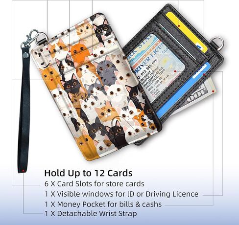 Leather Small Slim Wallet Card Case Hold 12 Cards with Wrist Strap & ID Window, Cute Cats Credit Card Holder Wallet Front Pocket, Minimalist Rfid Blocking Wallet for Man Women in Saudi Arabia