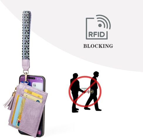 محفظة حامل بطاقة ضئيلة للنساء ، محفظة بطاقة الائتمان الجلدية RFID ، محفظة معدنية صغيرة مع حزام الحبل المعصم وربطة الهاتف الخالية من اليد (الأرجواني) in Kuwait
