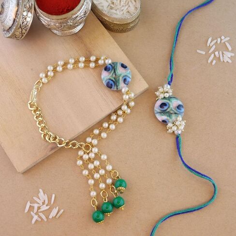 I Jewels Rakshabhandhan Special Peacock Feather Beaded Bhaiya Bhabhi Chain Lumba Rakhi Combo Set (R103-112CO) in Saudi Arabia