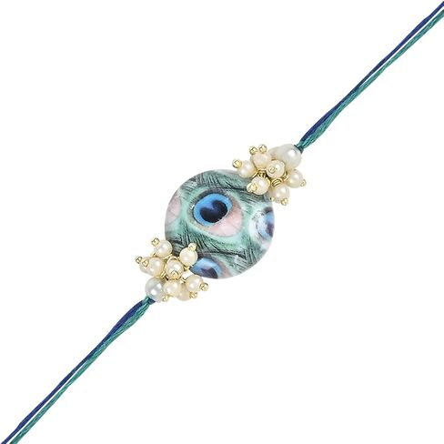 I Jewels Rakshabhandhan Special Peacock Feather Beaded Bhaiya Bhabhi Chain Lumba Rakhi Combo Set (R103-112CO) in Saudi Arabia
