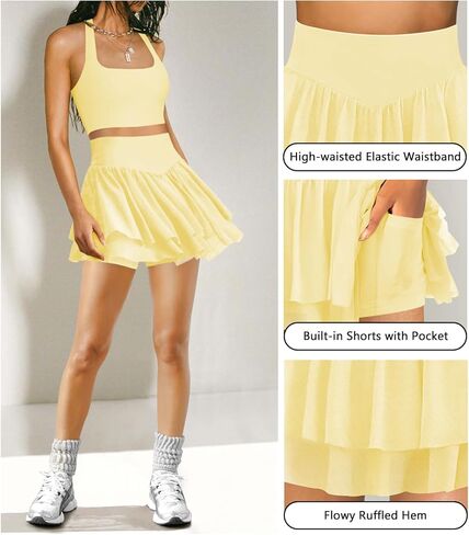 Womens Mini Pleated Skirt Skort Flowy High Waisted Ruffle Tennis Athletic Skirt for Women with Shorts Underneath Pocket in Kuwait