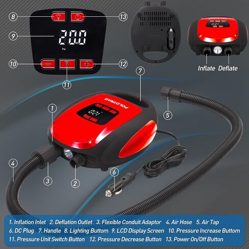Paddle Board Pump, SUP Electric Pump, Professional 20 PSI Portable Air Compressor with Auto-Off, Deflation Function and 12V DC Car Cigarette Lighter for Inflatables, Kayaks and Boats(Orange) in Saudi Arabia