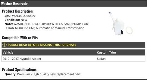 Windshield Washer Reservoir - with Cap and Pump - Compatible with 2012-2017 Hyundai Accent Sedan 1.6L in Saudi Arabia