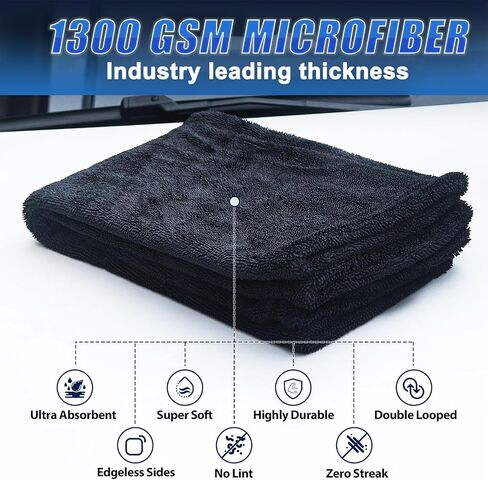 Premium Car Drying Towel, 36x28 inch XL Microfiber Towel, 1300 GSM Microfiber Cleaning Cloth, Super Absorbent, Leaves No Streaks, Scratches, or Water Spots, Dries an Entire Vehicle, Black in Saudi Arabia