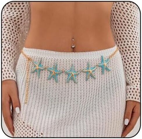 Starfish Waist Chain for Women Gold Plated Sexy Starfish Belly Jewelry Adjustable Hip Chain for Bikini Swimwear Summer Beach Charm Waist Chain Boho Summer Festival Body Chain Beach Vacation Hip Accessories in Saudi Arabia