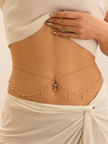 Longita Silver Gold Waist Chain for Women Belly Chain with Belly Rings Layered Stomach Chains Pearl Rhinestone Body Chain Waist Jewelry in Saudi Arabia