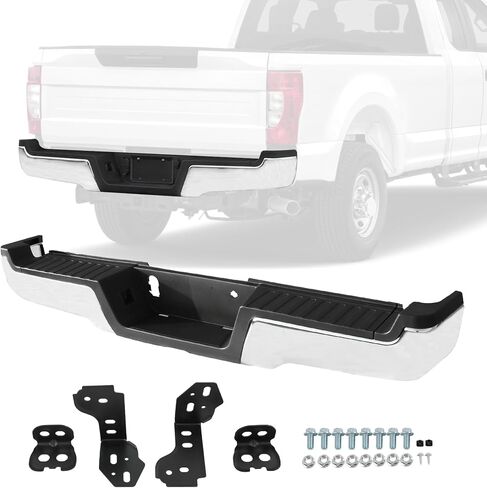 Rear Step Bumper Assembly Chrome Steel Replacement For Ford F-250 F-350 F-450 Super Duty 2017-2022 Without Parking Aid Sensor Holes Replace FO1103197, FO1103201, HC3Z17906JA, HC3Z17D826BB in Saudi Arabia