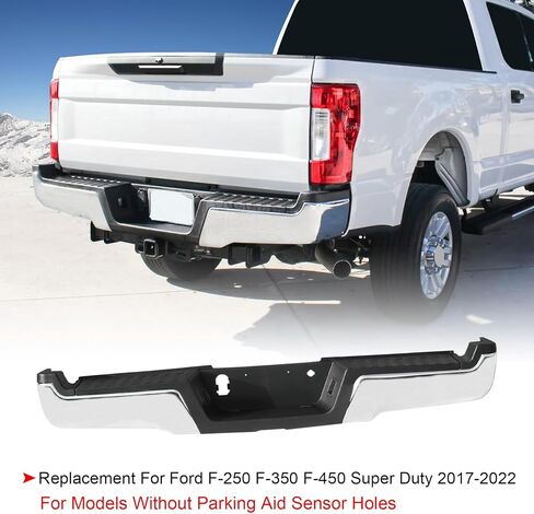 Rear Step Bumper Assembly Chrome Steel Replacement For Ford F-250 F-350 F-450 Super Duty 2017-2022 Without Parking Aid Sensor Holes Replace FO1103197, FO1103201, HC3Z17906JA, HC3Z17D826BB in Saudi Arabia