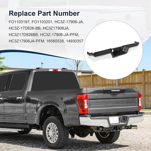 Rear Step Bumper Assembly Chrome Steel Replacement For Ford F-250 F-350 F-450 Super Duty 2017-2022 Without Parking Aid Sensor Holes Replace FO1103197, FO1103201, HC3Z17906JA, HC3Z17D826BB in Saudi Arabia