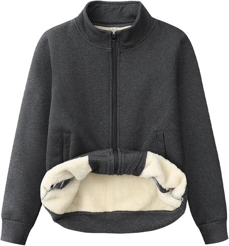 Women's Sherpa Lined Sweatshirt Winter Warm Zip Up Stand Collar Casual Thick Fleece Cardigan Jacket in Kuwait