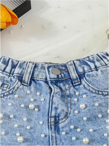 لؤلؤة Gorglitter Girl's Sombished Jean Shorts Zipper Fly Wide Leg Denim Shorts مع جيوب in Saudi Arabia