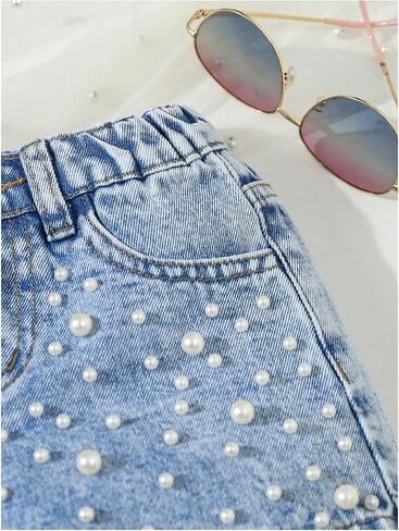 لؤلؤة Gorglitter Girl's Sombished Jean Shorts Zipper Fly Wide Leg Denim Shorts مع جيوب in Saudi Arabia