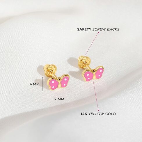 14K Yellow Gold Young Girl's Dainty Enamel Butterfly Safety Screw Back Earrings - Cute Butterfly Earrings for Toddlers & Little Girls - Small Earring Studs for Daily Use in Saudi Arabia