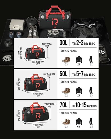 BORLENI Waterproof Motorcycle Dry Duffel Bag Luggage Tail Bag with Large Storage Space,Roll Top Closure, Shoulder Straps, Inner Pocket and Mesh Pocket for Motorcycling Travel Camping (Black,30L) in Kuwait