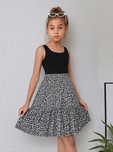 جديد من 6 إلى 14 سنة Seecholso Girls Dress Dress Dress Dritbed Tank Top Top Floral Skirt مرنة الصيف A-LINE in Kuwait