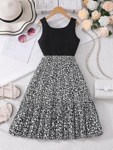 جديد من 6 إلى 14 سنة Seecholso Girls Dress Dress Dress Dritbed Tank Top Top Floral Skirt مرنة الصيف A-LINE in Kuwait