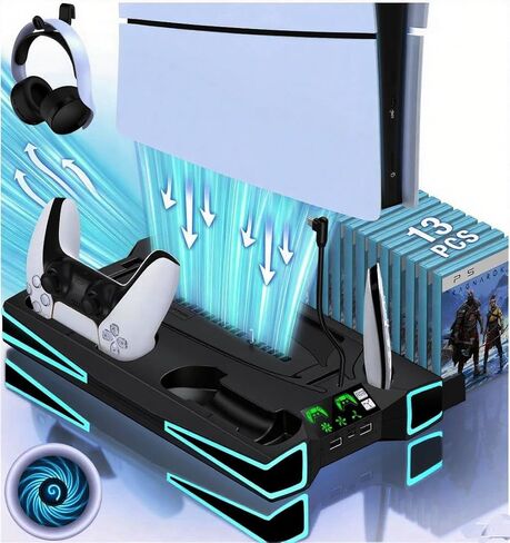 Cooling Station for PS5 / PS5 Slim Console, With Controller Charger for PlayStation 5, 3-Level Fan & RGB LED for PS5/ 2023 PS5 Slim Cooling Stand, Headset Holder, 3 Charging Ports, Accessories for PS5 in Kuwait