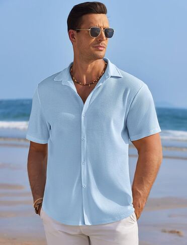 COOFANDY Men's Casual Shirts Short Sleeve Waffle Knit Button Down Shirt Wrinkle Free Summer Beach Tops in Saudi Arabia