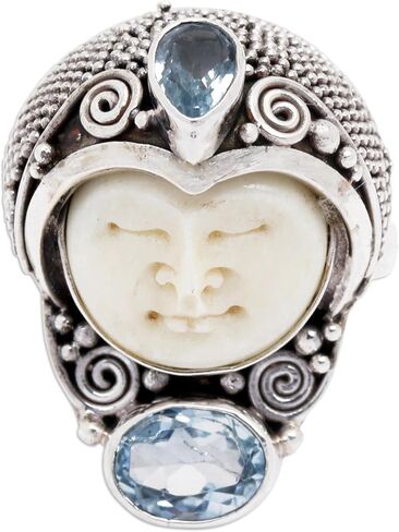 Novica الحرفي المصنوع يدويًا يدويًا توباز خاتم الكوكتيل الوجه الفضي على شكل من عظم بالي إندونيسيا الحجر المولد "ضوء القمر الأمير" in Saudi Arabia