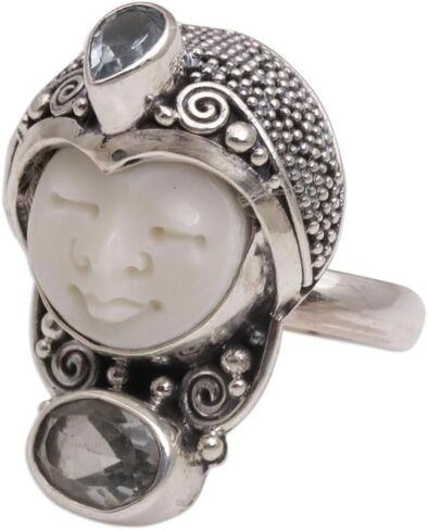 Novica الحرفي المصنوع يدويًا يدويًا توباز خاتم الكوكتيل الوجه الفضي على شكل من عظم بالي إندونيسيا الحجر المولد "ضوء القمر الأمير" in Saudi Arabia