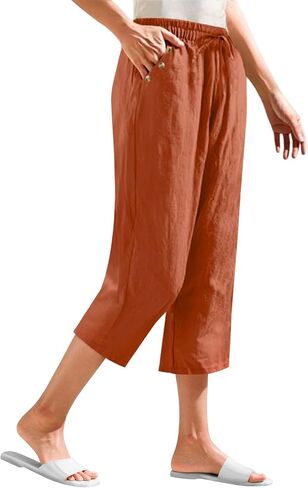 Womens Linen Capris 2025 Summer Casual Wed Leg Capri Pants Drawstring High Waist Crop Trouser Trendy Beach Clothes in Saudi Arabia