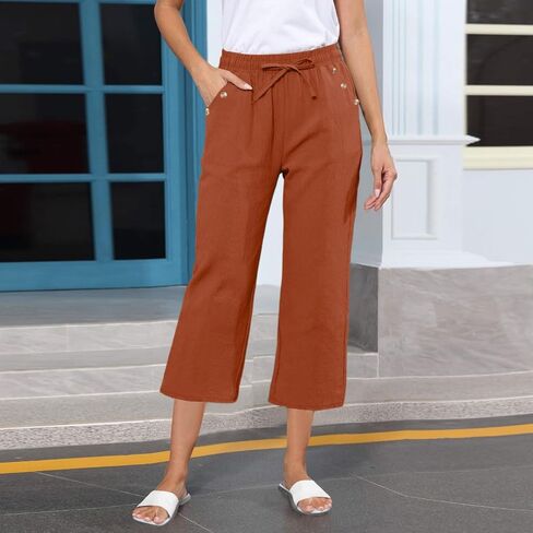 Womens Linen Capris 2025 Summer Casual Wed Leg Capri Pants Drawstring High Waist Crop Trouser Trendy Beach Clothes in Saudi Arabia