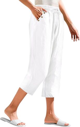 Womens Linen Capris 2025 Summer Casual Wed Leg Capri Pants Drawstring High Waist Crop Trouser Trendy Beach Clothes in Saudi Arabia