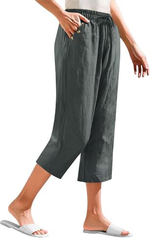 Womens Linen Capris 2025 Summer Casual Wed Leg Capri Pants Drawstring High Waist Crop Trouser Trendy Beach Clothes in Saudi Arabia