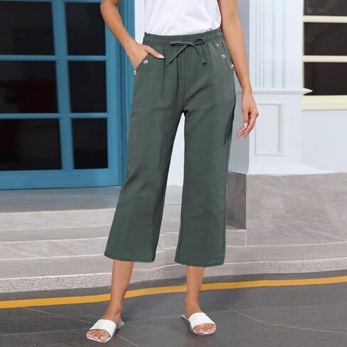 Womens Linen Capris 2025 Summer Casual Wed Leg Capri Pants Drawstring High Waist Crop Trouser Trendy Beach Clothes in Saudi Arabia