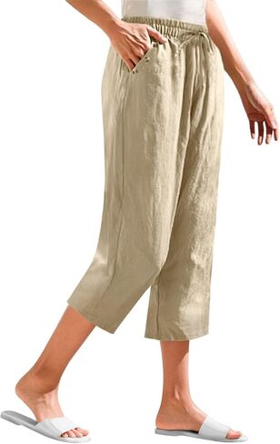 Womens Linen Capris 2025 Summer Casual Wed Leg Capri Pants Drawstring High Waist Crop Trouser Trendy Beach Clothes in Saudi Arabia