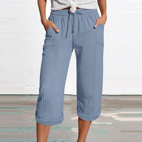 Womens Capris with Pockets Stretch Lightweight Casual Drawstring Wide Leg Pants Cropped Trousers Outdoor Clothes in Kuwait