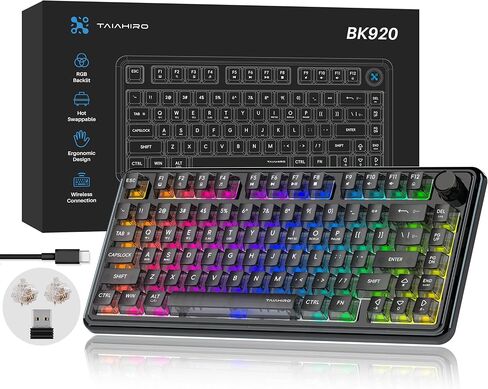 لوحة مفاتيح ألعاب ميكانيكية لاسلكية، لوحة مفاتيح هادئة بإضاءة خلفية RGB شفافة كاملة 80 مفتاحًا، مفتاح خطي قابل للتبديل السريع مع مقبض وسائط متعددة، بطارية 4000 مللي أمبير في الساعة، 3 أوضاع BT5.0/2.4G/USB-C لـ WIN/MAC، أزرق in Kuwait
