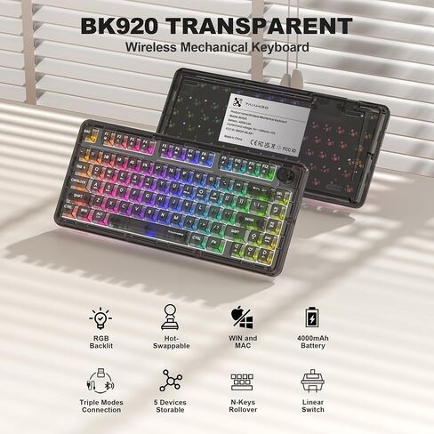 لوحة مفاتيح ألعاب ميكانيكية لاسلكية، لوحة مفاتيح هادئة بإضاءة خلفية RGB شفافة كاملة 80 مفتاحًا، مفتاح خطي قابل للتبديل السريع مع مقبض وسائط متعددة، بطارية 4000 مللي أمبير في الساعة، 3 أوضاع BT5.0/2.4G/USB-C لـ WIN/MAC، أزرق in Kuwait