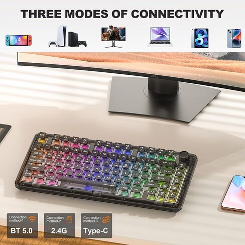 لوحة مفاتيح ألعاب ميكانيكية لاسلكية، لوحة مفاتيح هادئة بإضاءة خلفية RGB شفافة كاملة 80 مفتاحًا، مفتاح خطي قابل للتبديل السريع مع مقبض وسائط متعددة، بطارية 4000 مللي أمبير في الساعة، 3 أوضاع BT5.0/2.4G/USB-C لـ WIN/MAC، أزرق in Kuwait