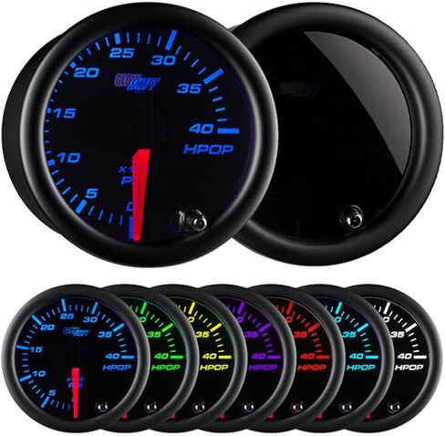 Glowshift ملون 7 لون 4000 رطل/بوصة مرتفعة ضغط الزيت ارتفاع HPOP مقياس - متوافق مع محركات الديزل السكتة الدماغية الطاقة 1994-2003 7.3L و 2003-2007 6.0L - الوجه الأسود - عدسة مدخنة - 2-1/16 "52 مم - 52 مم - 52 ملم in Kuwait