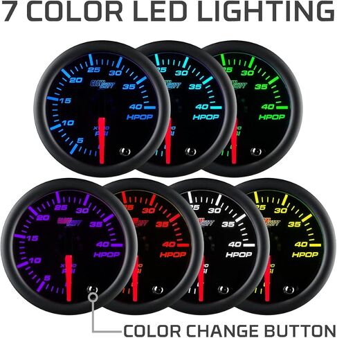 Glowshift ملون 7 لون 4000 رطل/بوصة مرتفعة ضغط الزيت ارتفاع HPOP مقياس - متوافق مع محركات الديزل السكتة الدماغية الطاقة 1994-2003 7.3L و 2003-2007 6.0L - الوجه الأسود - عدسة مدخنة - 2-1/16 "52 مم - 52 مم - 52 ملم in Kuwait
