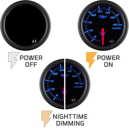 Glowshift ملون 7 لون 4000 رطل/بوصة مرتفعة ضغط الزيت ارتفاع HPOP مقياس - متوافق مع محركات الديزل السكتة الدماغية الطاقة 1994-2003 7.3L و 2003-2007 6.0L - الوجه الأسود - عدسة مدخنة - 2-1/16 "52 مم - 52 مم - 52 ملم in Kuwait