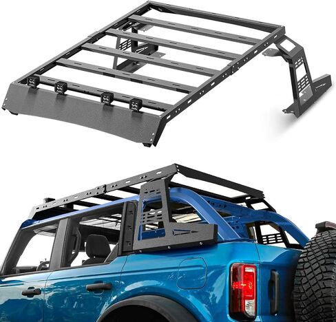 لبرونكو سقف رف سلة شحن صعبة مع لوحة النافذة الخلفية و 4 أضواء LED متوافقة مع 2021-2025 فورد برونكو 4 أبواب أعلى ناع in Kuwait