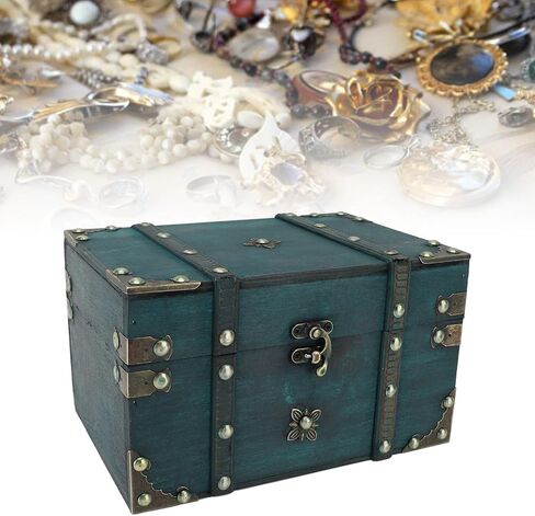 Jewelry Organizer Box Chest Vintage Wooden Decorative Storage Retro Jewelry Storage Box,Decorative Treasure Chest for Jewellery Toy Halloween Bedroom Decor 8.54x5.91x5.12in (Green) in Kuwait