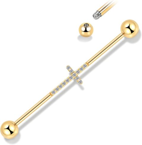 Hopply Industrial Piercing Jewelry 14G Surgical Steel Industrial Piercing Barbell Earring with CZ/Cross Body Piercing Cartilage Earring Jewelry 1 1/2 Inch 38mm for Women Men in Saudi Arabia
